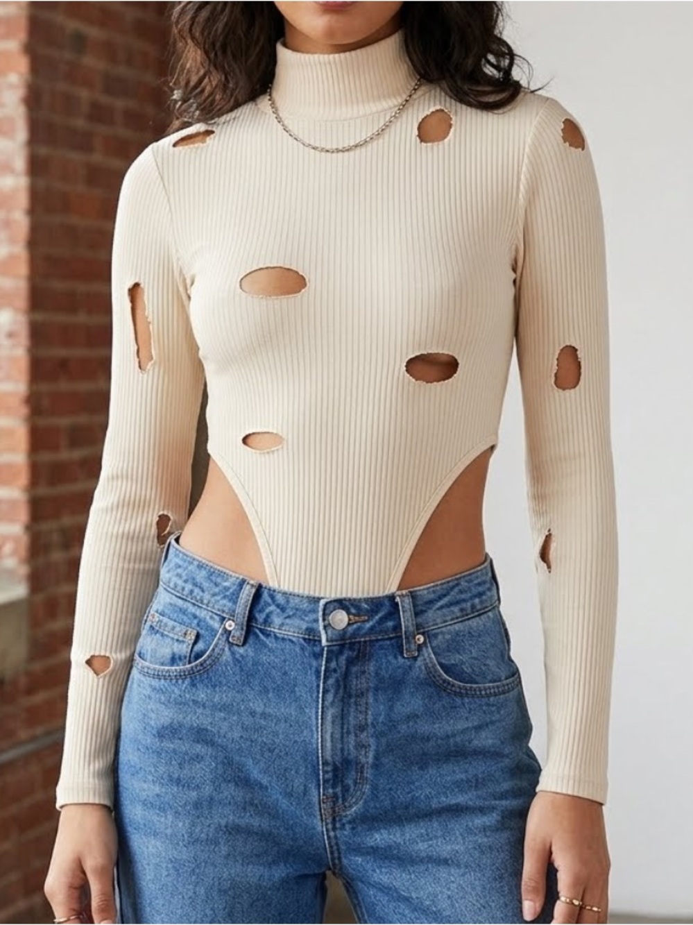 NASTY GAL Ribbed High Cut Ripped Bodysuit Turtleneck Size 4